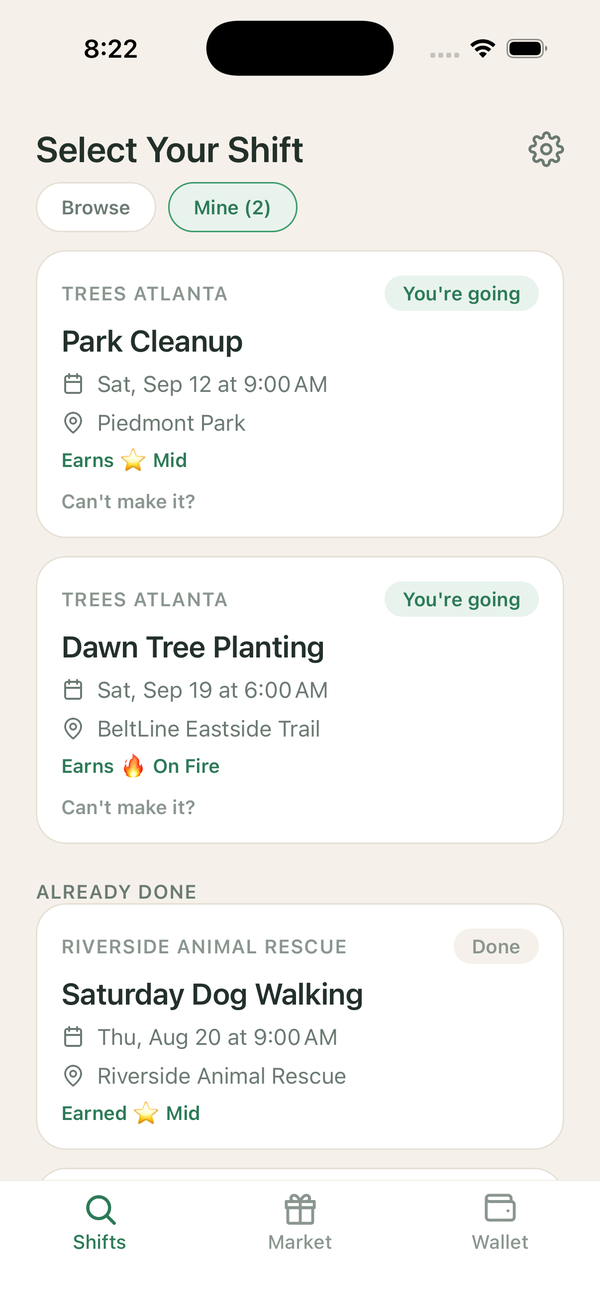 Choosing a shift in the Do Good Market app